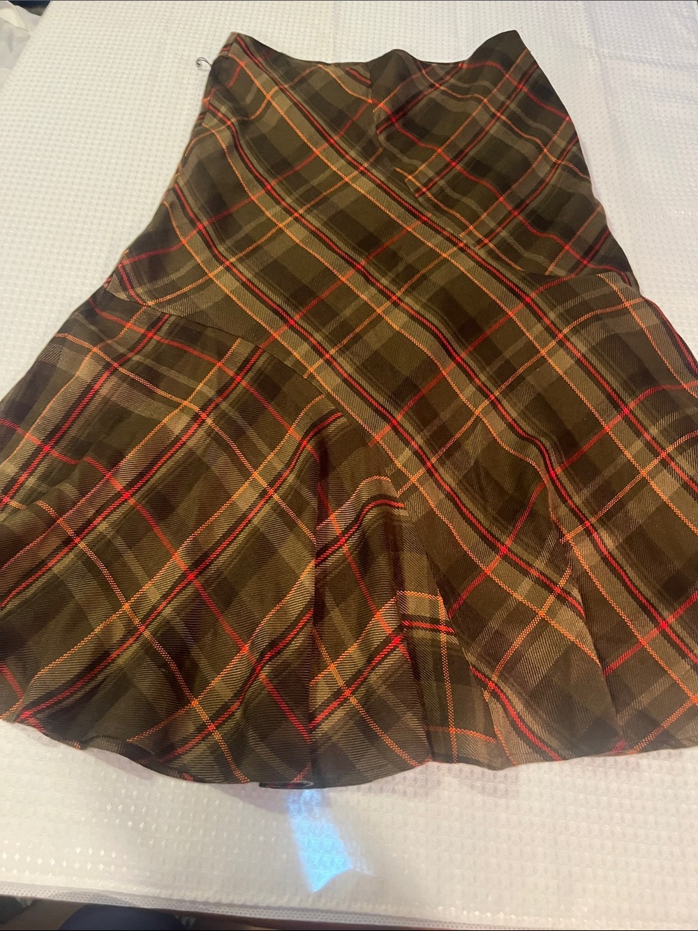 Peter Nygard Orange and Brown Plaid A-Line Skirt with Red Accents